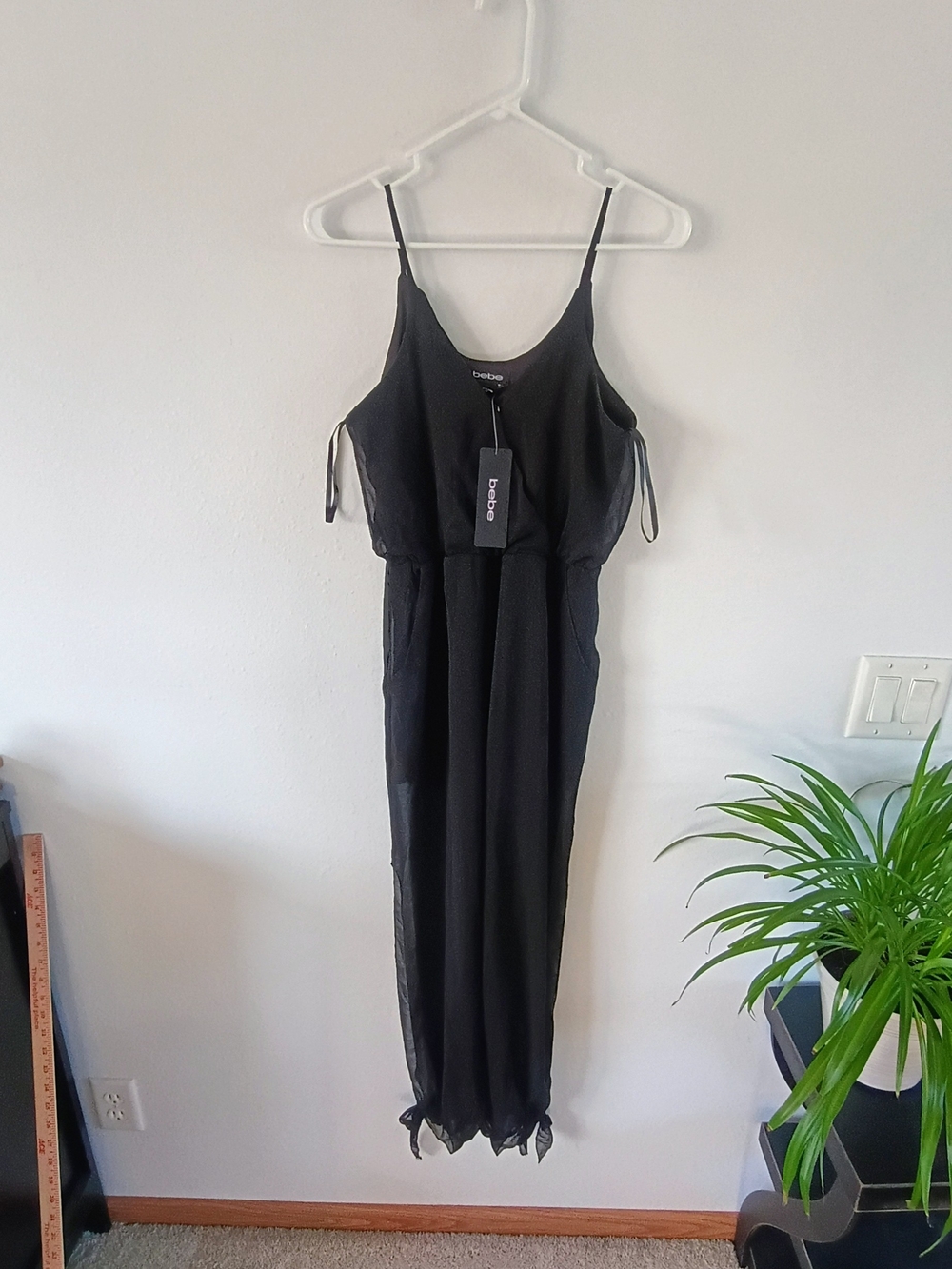 bebe Black Jumpsuit XXS NWT Sheer Ankle Tie Y2K Party Cocktail Evening Wide Leg